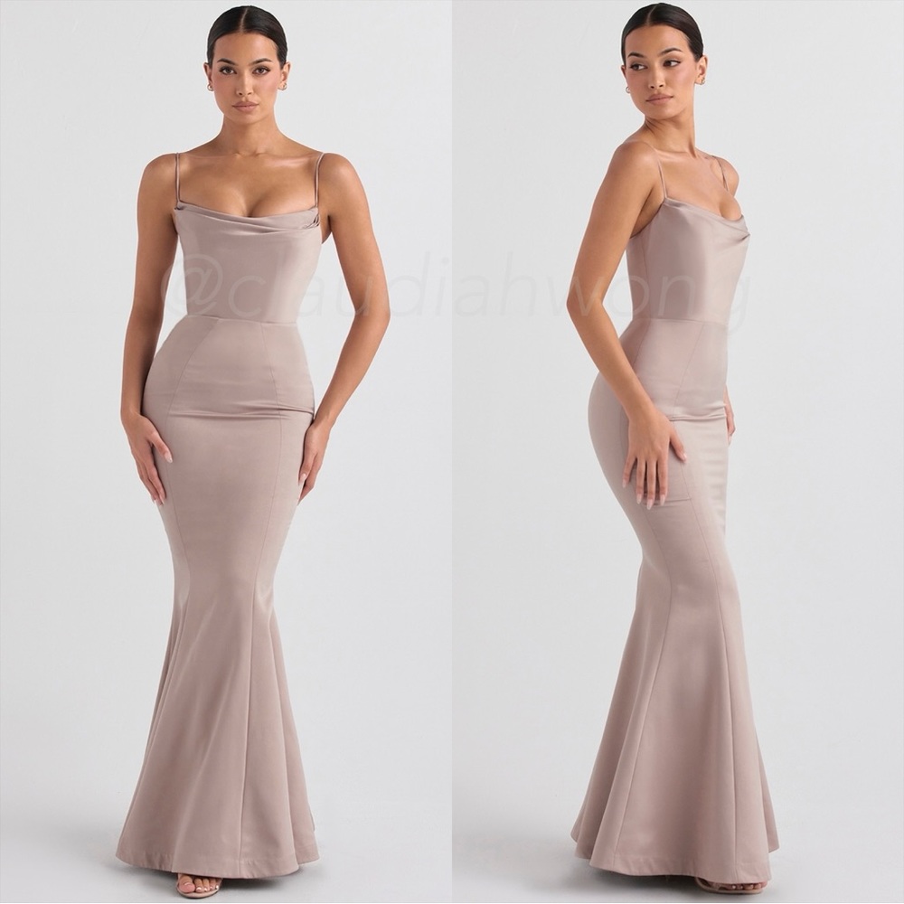 HOUSE OF CB Violette Mushroom Satin Fishtail Gown - Picture 3 of 11